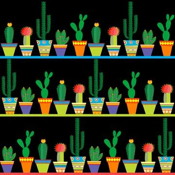 Seamless pattern with rows of different cactus over black background Stock Illustration