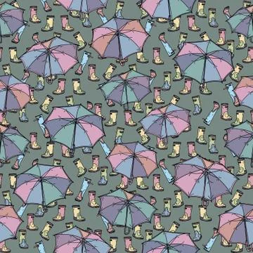 Seamless pattern with rubber boots and umbrella. Illustrazione stock