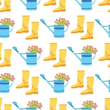 Seamless pattern with rubber boots and watering can with flowers. Hand drawn Stock Illustration