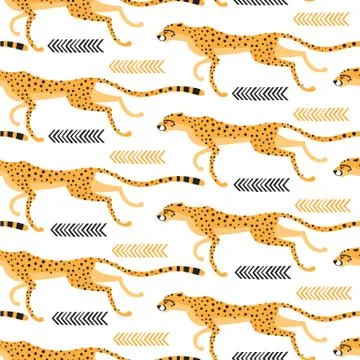 Seamless pattern with running cheetahs, leopards. Repeating exotic wild cats on Stock Illustration