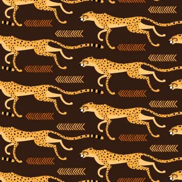 Seamless pattern with running cheetahs, leopards. Repeated exotic wild cats on a Stock Illustration