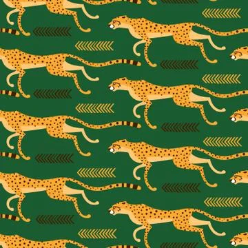 Seamless pattern with running cheetahs, leopards. Repeated exotic wild cats on a Stock Illustration