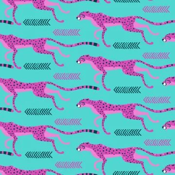 Seamless pattern with running cheetahs, leopards. Repeated exotic wild pink cats Stock Illustration