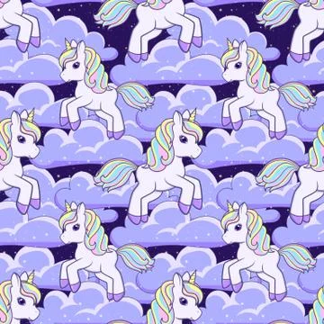 Seamless pattern with running cute Cartoon Unicorn and clouds イラスト素材