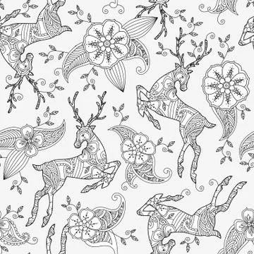 Seamless pattern with running deer flying and floral motif hand drawn Stock Illustration
