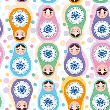 Seamless pattern Russian dolls. Blue, green, purple, pink. Vecto Stock Illustration
