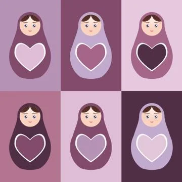 Seamless pattern Russian dolls matryoshka with hearts on purple background. V Stock Illustration