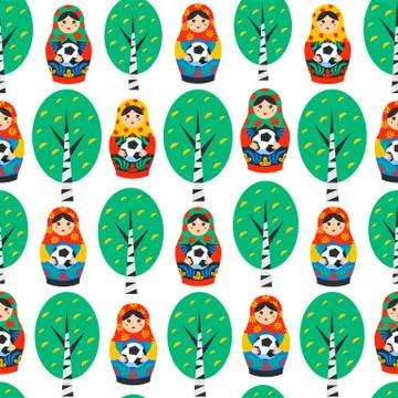 Seamless pattern with Russian Matrioshka, birch and football ball Stock Illustration