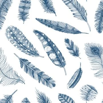 Seamless pattern. Rustic realistic feathers of different birds, owls, peacocks Stockillustratie