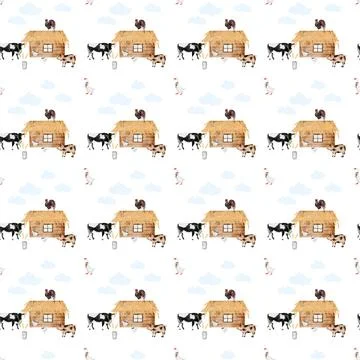 Seamless pattern on a rustic theme. barn cow goose pig rooster. children's Stock Illustration