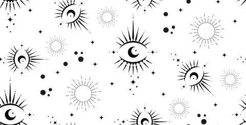 Seamless pattern Sacred eye, magic crescent moon and sun in boho style Stock Illustration