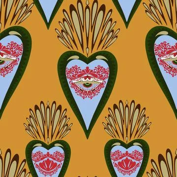Seamless pattern with sacred hearts and ornamental details in folk art style. Stock Illustration