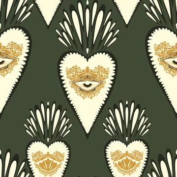 Seamless pattern with sacred hearts and ornamental details in folk art style. Stock Illustration