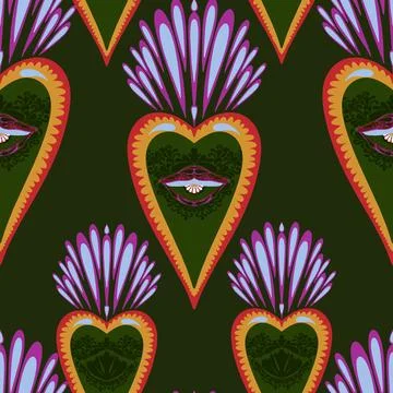 Seamless pattern with sacred hearts and ornamental details in folk art style. Stockillustratie