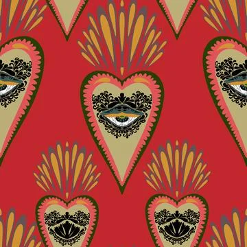 Seamless pattern with sacred hearts and ornamental details in folk art style. Stockillustratie