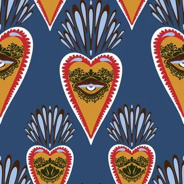 Seamless pattern with sacred hearts and ornamental details in folk art style. Stockillustratie