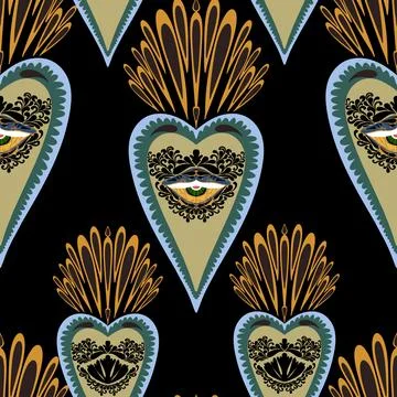 Seamless pattern with sacred hearts and ornamental details in folk art style. Stockillustratie