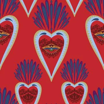Seamless pattern with sacred hearts and ornamental details in folk art style. Stockillustratie