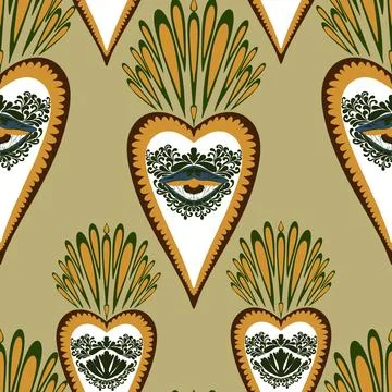 Seamless pattern with sacred hearts and ornamental details in folk art style. Stockillustratie