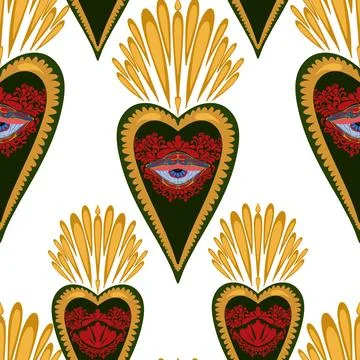 Seamless pattern with sacred hearts and ornamental details in folk art style. Stockillustratie