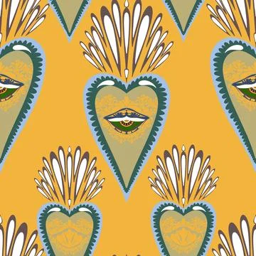 Seamless pattern with sacred hearts and ornamental details in folk art style. イラスト素材