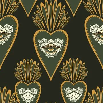 Seamless pattern with sacred hearts and ornamental details in folk art style. 스톡 일러스트