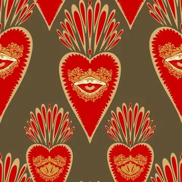 Seamless pattern with sacred hearts and ornamental details in folk art style. イラスト素材