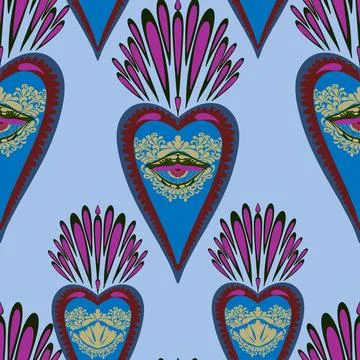 Seamless pattern with sacred hearts and ornamental details in folk art style. イラスト素材