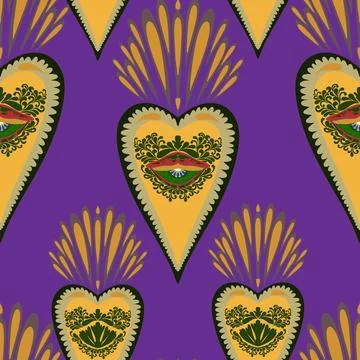 Seamless pattern with sacred hearts and ornamental details in folk art style. Stock Illustration