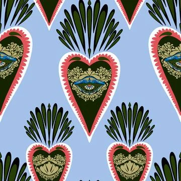 Seamless pattern with sacred hearts and ornamental details in folk art style. イラスト素材
