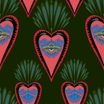 Seamless pattern with sacred hearts and ornamental details in folk art style. イラスト素材