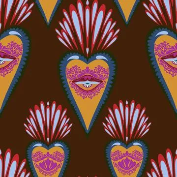 Seamless pattern with sacred hearts and ornamental details in folk art style. イラスト素材