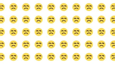 Seamless pattern of sad and unhappy yellow emoji face icons on a white back.. Stock Illustration