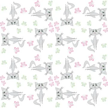 Seamless pattern  sad cat and butterfly Stock Illustration