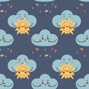 Seamless pattern sad cloud crying, rain, and overcast 스톡 일러스트