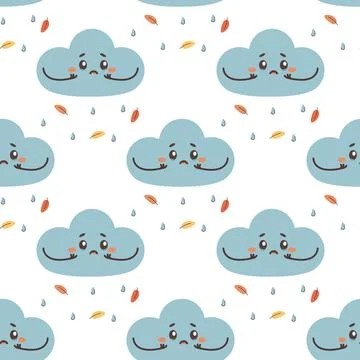 Seamless pattern sad cloud crying, rain, vector イラスト素材
