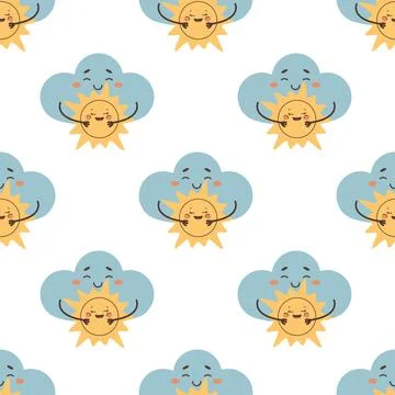 Seamless pattern sad cloud hugging the sun , overcast Illustrazione stock