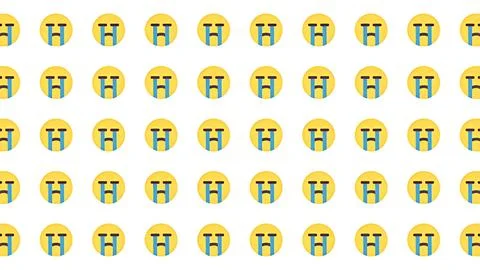 Seamless pattern of sad crying yellow emoji faces with blue tears on white .. Ilustração Stock