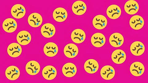 Seamless pattern of sad crying yellow emoji faces with blue tears on bright.. Stock Illustration
