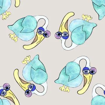 Seamless pattern with sad, depressed, brooding blue pelican. Stock Illustration