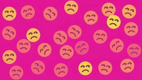 Seamless pattern of sad emoji faces on a vibrant pink background representi.. Illustrazione stock