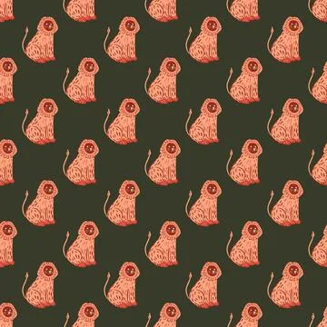 Seamless pattern with safari doodle pink lion shapes. Dark background. Childi Stock Illustration