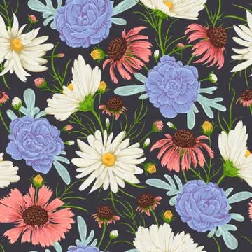 Seamless pattern with sagebrush, chamomile and geranium flowers. Stock Illustration