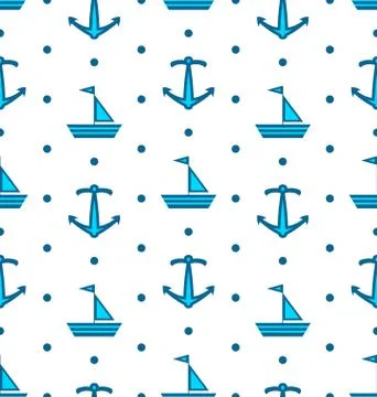 Seamless Pattern with Sail Boats and Anchors, Nautical Blue Background Stock Illustration