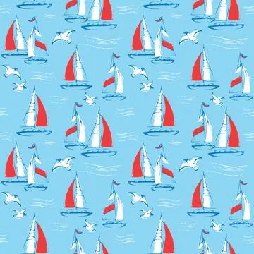 Seamless pattern with sail boats and seagulls. Sea background. Stock Illustration