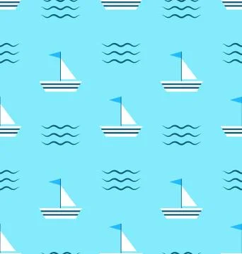 Seamless Pattern with Sail Boats on Blue Background with Delicate Waves Stock Illustration