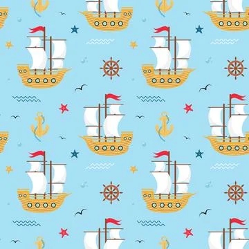 Seamless pattern with sailboat, anchor, steering wheel, starfish, waves, bu.. Stock Illustration
