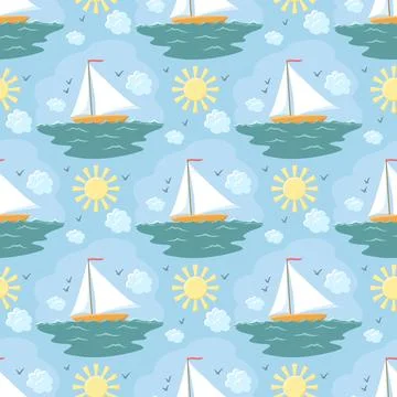 Seamless pattern with sailboat on the sea, hand-drawn. Vector illustration Illustrazione stock