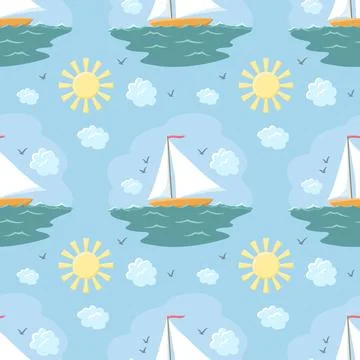 Seamless pattern with sailboat on the sea, hand-drawn. Vector illustration Illustrazione stock