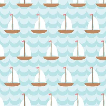 Seamless pattern with sailing ship in the sea Stock Illustration